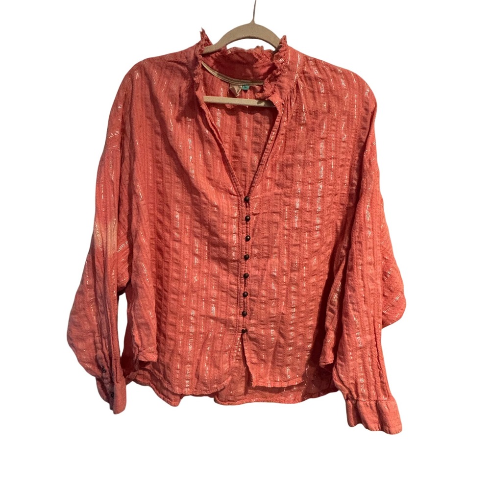 Anthropologie Pilcro Coral Pink Lurex Metallic Stripe Button Down Blouse 1X